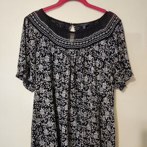 Lucky Brand Black White Ditsy Floral Blouse Mesh Collar Short Sleeve Large